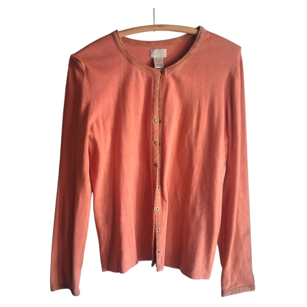 Sigrid Olsen Sport Orange Sweater Cardigan Leather Trim Medium Spring Easter